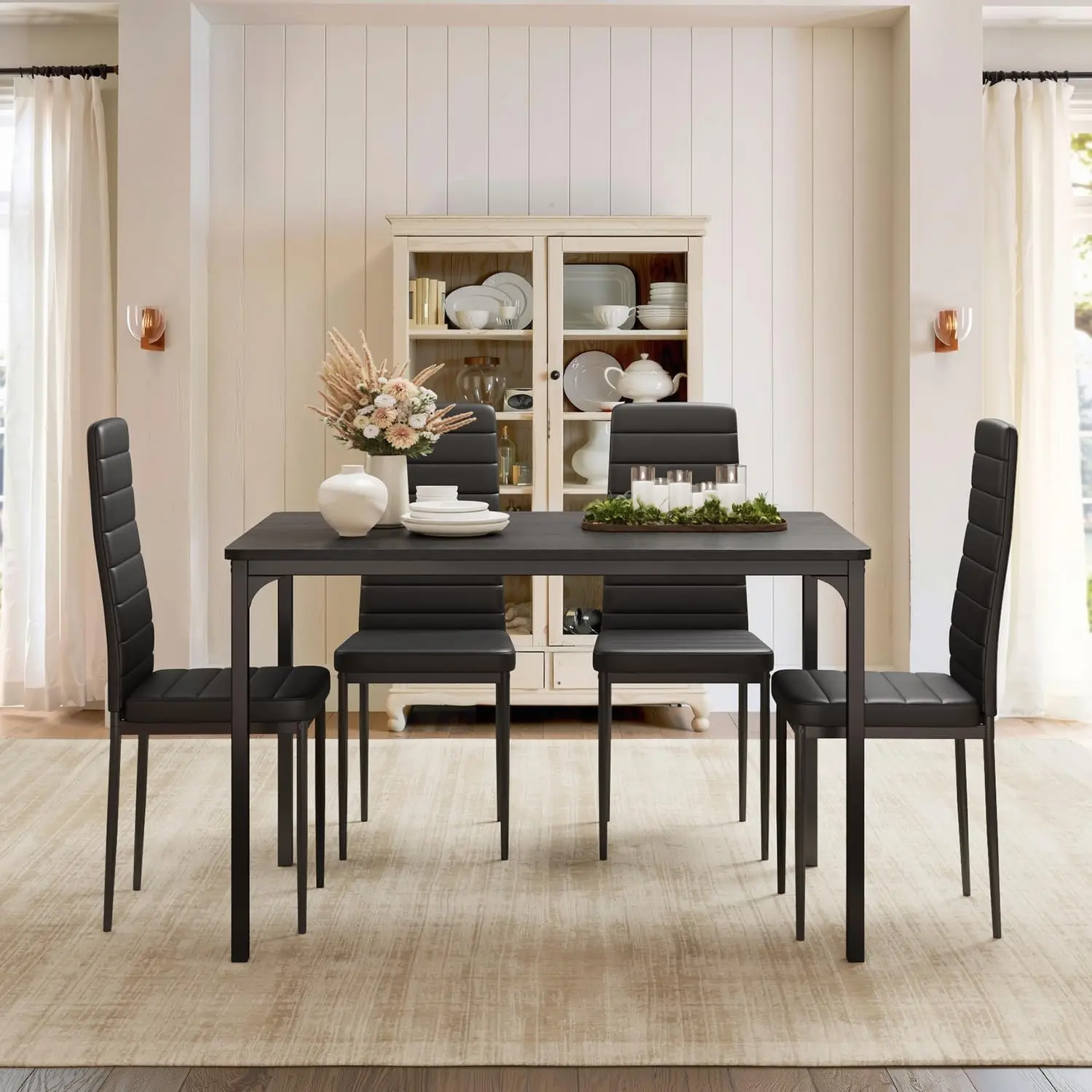 Dining Table Set for 4, Kitchen Table Chairs Set of 4, 5 Piece Kitchen Table Set with 4 Upholstered PU Leather Chairs