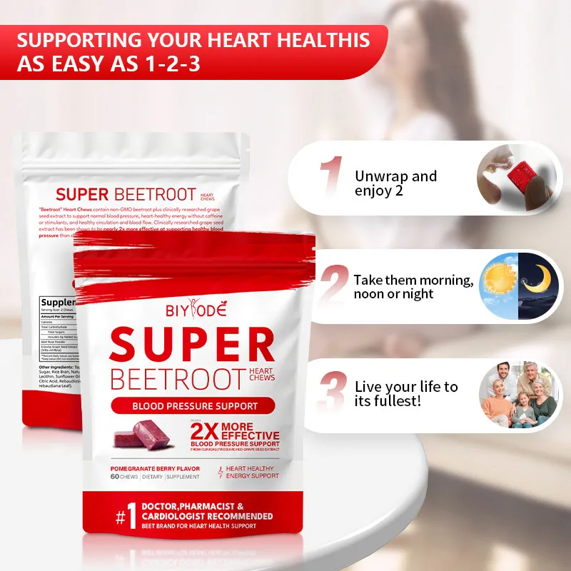 BIYODE Superbeets Heart Chew, Beet Root Powder Energy, Super Beets Heart Chew, Pomegranate Berry Flavor，for All