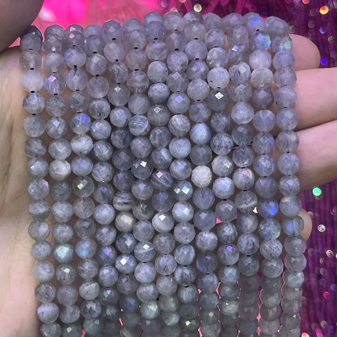 100% Pure Natural Labradorite Moonstone Stone Round Faceted Grey Spectrolite Gem Loose Bead Bracelet For DIY Handmade Jewelry