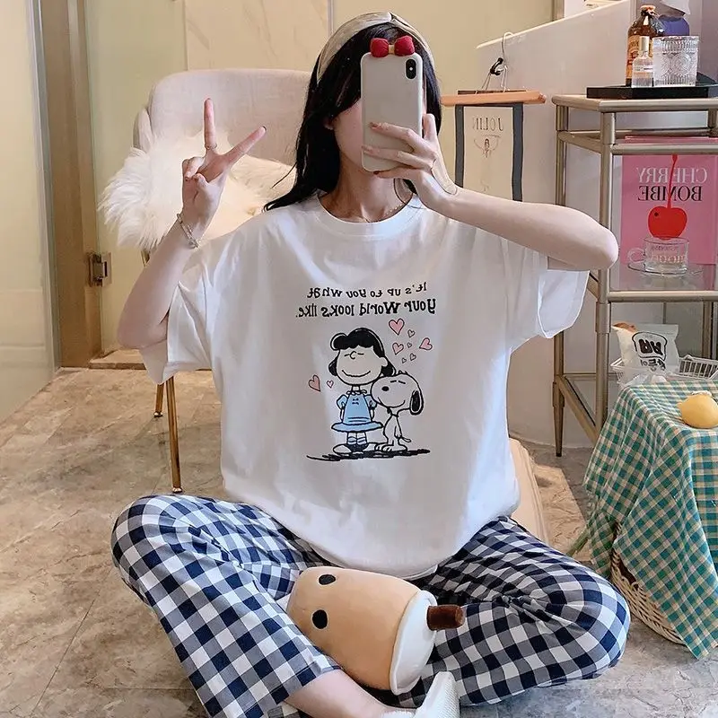 

Пижама Snoopy женская из чистого хлопка, длинные штаны с коротким рукавом, популярный студенческий мультяшный комплект из двух предметов, подарок на день рождения, весна-лето