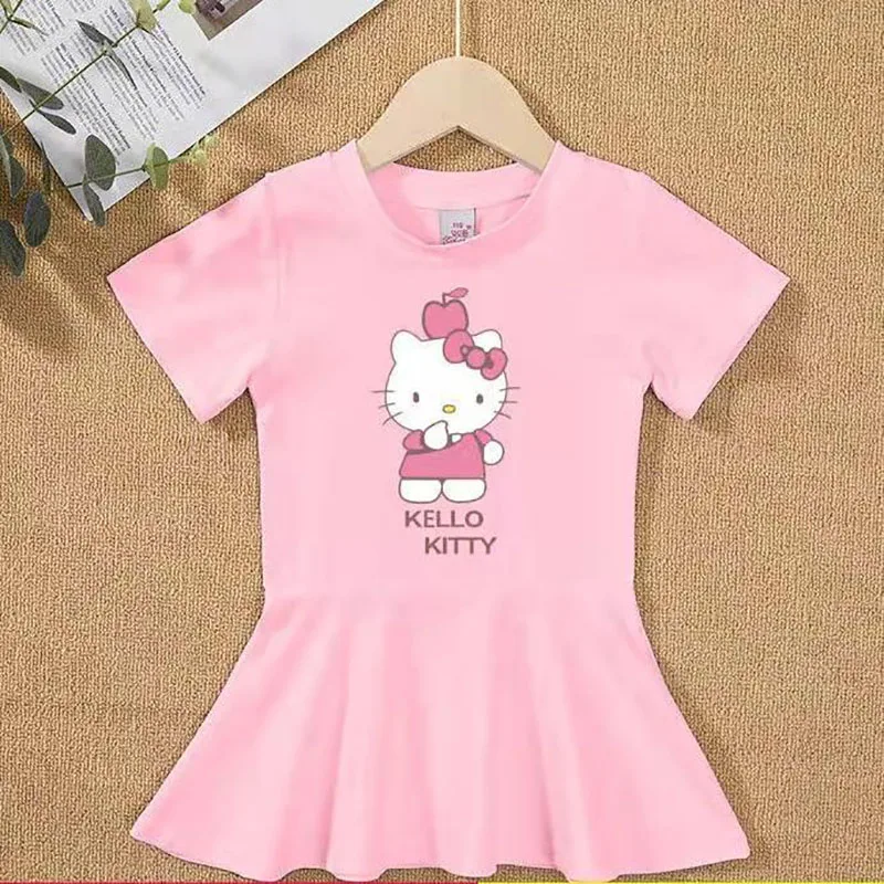 thumbnail image 1 of Hello Kitty algodón nuevo vestido de manga corta niños falda con estampado de dibujos animados niñas verano camiseta Top falda de princesa ropa para niños, 1 of 5