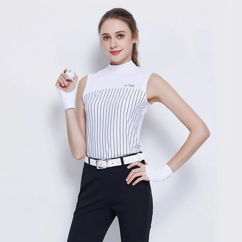 Women Tops Women Golf Polo Shirt Summer High Elastic Sports T-shirt Slim Ice Silk Sleeveless Top Stripe Half High Neck