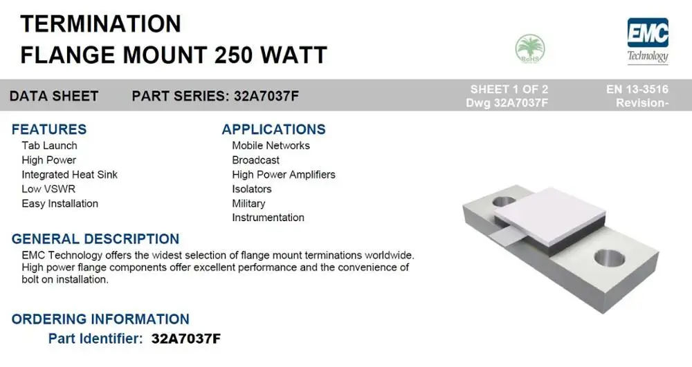 32A2056F 250 WATT 50 OHMS DC-2.7GHz Microwave Resistor High Power Dummy Load Same as 32A7037F TERMINATION FLANGE MOUNT 32A2056F