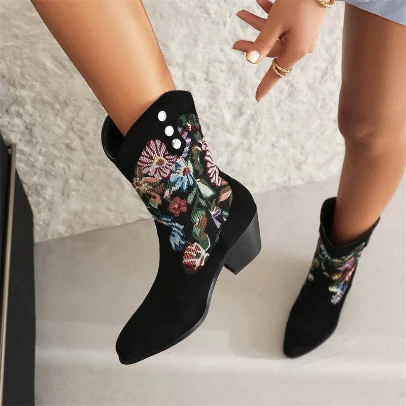 

Drop Ship Leisure Embroidery V Shape Opening Ankle Boots Black Female Block High Heels Slip-on Modern Women Shoes Pointed Toe