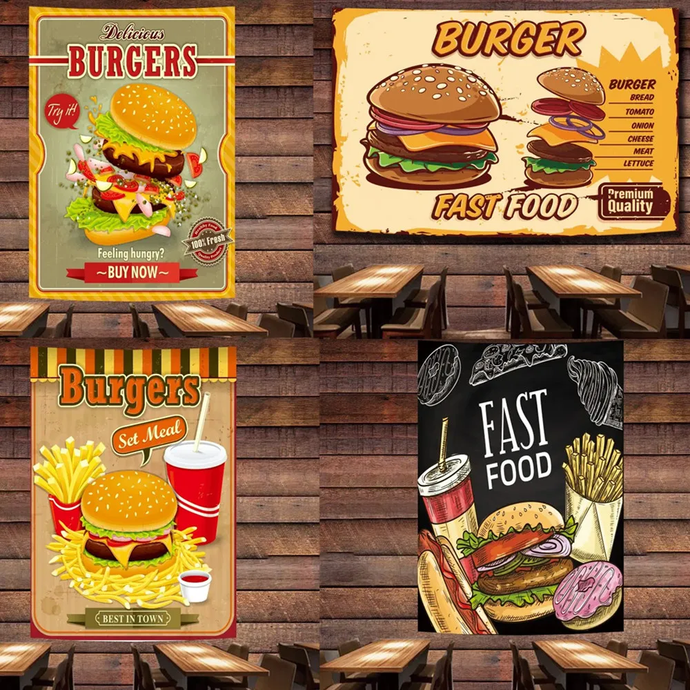

Художественный постер гамбургера, фаст-фуд, настенный флаг, Картина на холсте, гобелен, настенный художественный баннер, ресторан, кухня, домашний декор, наклейка