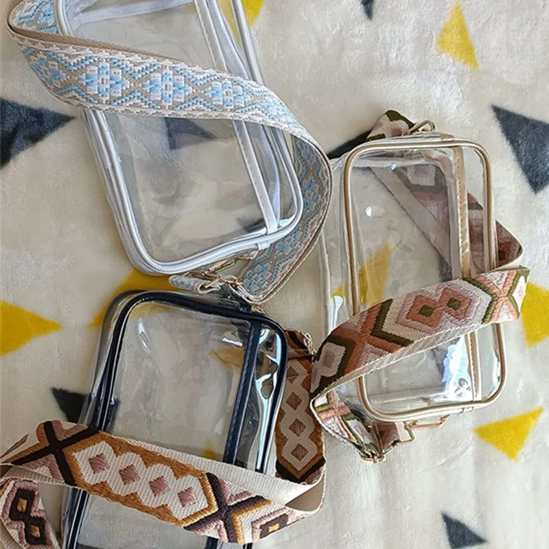 Transparent Crossbody Bags Clear PVC Sling Shoulder Bag Candy Color Woven Print Wide Strap Lady Phone Purse Travel Daily Wear