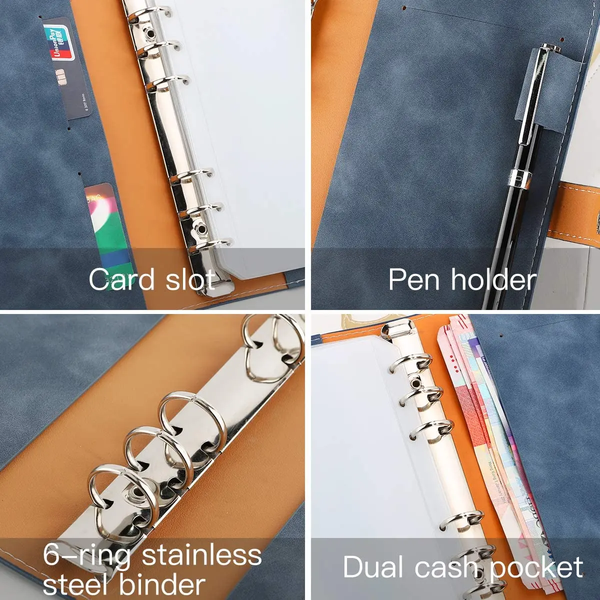 A6 PU Leather Binder Budget Planner Refillable 6 Round Rings Binder Cover Notebook Folder 12 PCS Clear Plastic Envelopes