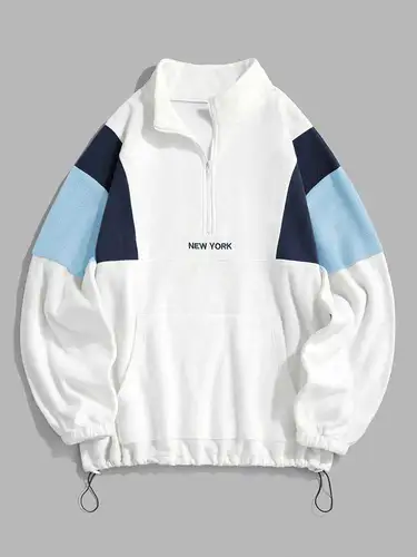 ZAFUL-남성용 후드티, 푹신한 폴라 플리스 스웨터, 뉴욕 자수 터틀넥 후드, 풀오버, 컬러 블록, 지퍼 스웨트 2