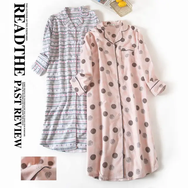 Women's Flannel 100% Cotton Nightgowns Button Down Boyfriend Nightshirt Mid-Long Style Sleepshirt Pajama Dress Casual Nightshirt 2