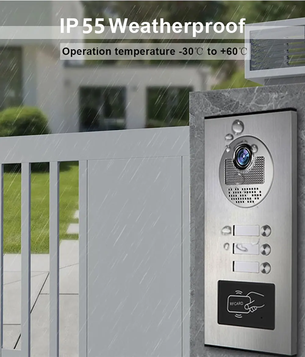 3-Unit Apartments Intercom Video Doorbell with RFID Card Unlock 4 Wired Video Do