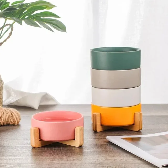 Ceramic Pet Bowl Dish With Wood Stand No Spill Pet Ceramic Double Bowl For Dog Cat Food Water Feeder Cats Small Dogs Pet bowl 2