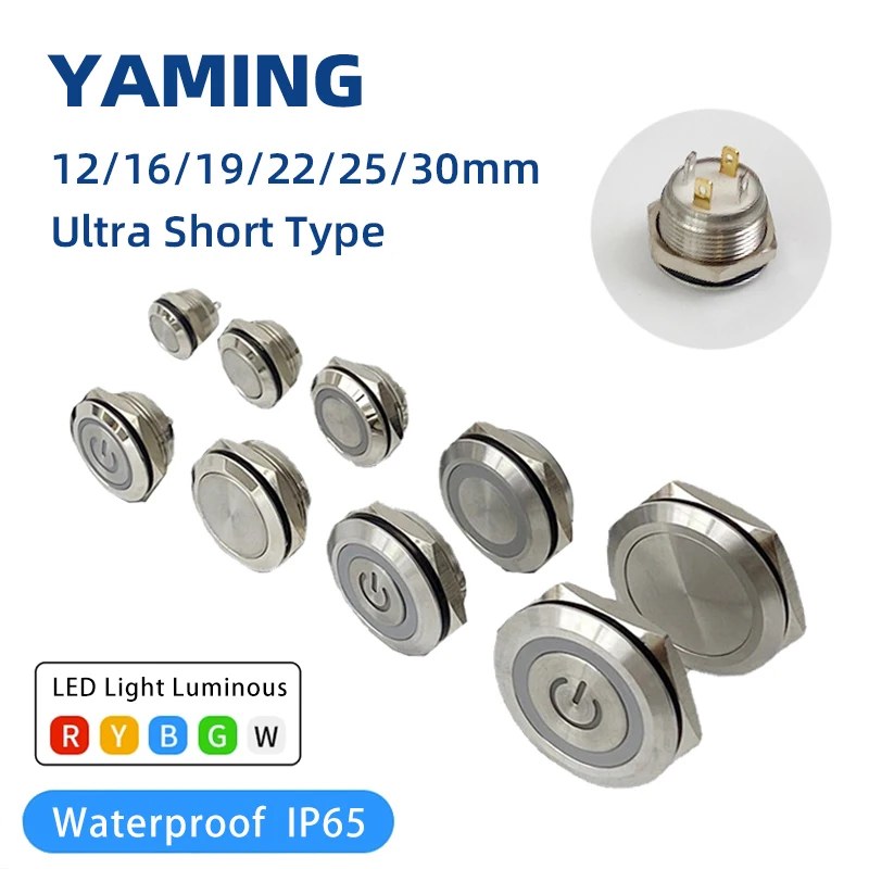 3 Stück 12/16/19/22/25/30mm Momentaner Reset-Kurzmetall-Druckknopfschalter DIY Ultradünner Wasserdichter Touch-Schalter mit LED-Licht