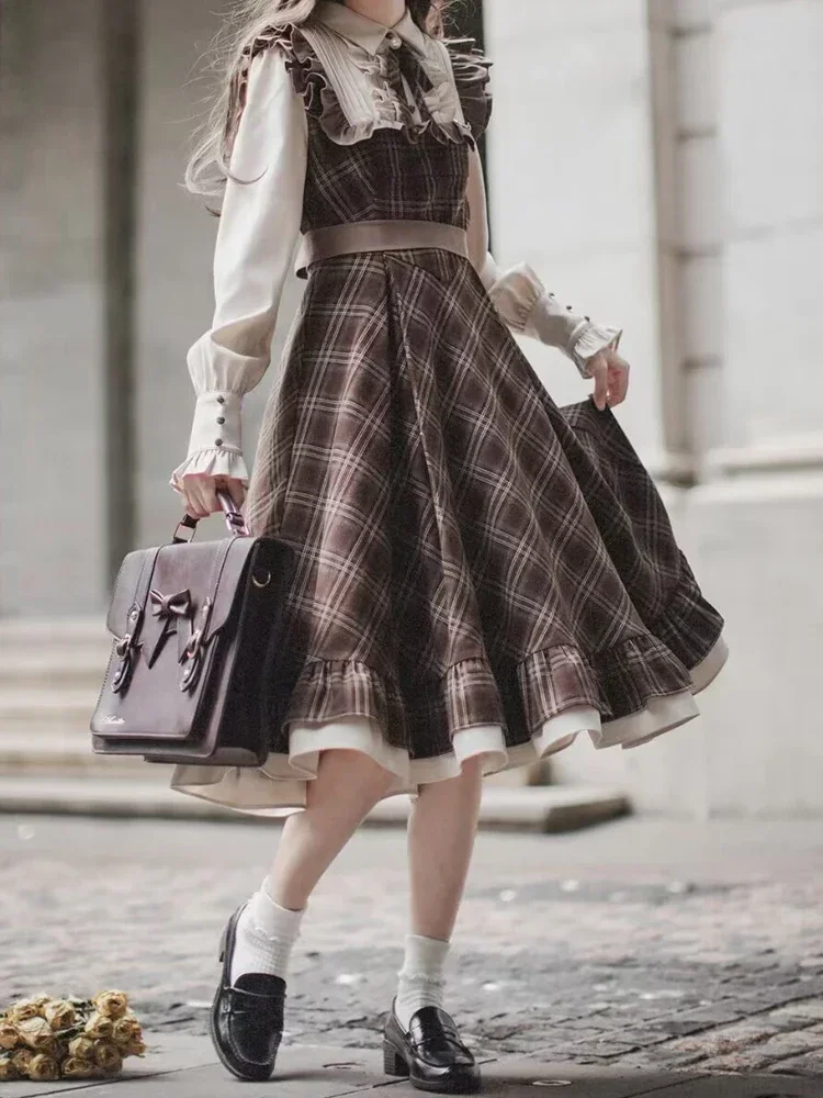 Fake Two-Piece Dress for Women Long Skirt Slim Fit Waist Cinching Vintage Lolita Plaid Bow New Korean Style Fashion Winter 2024 2