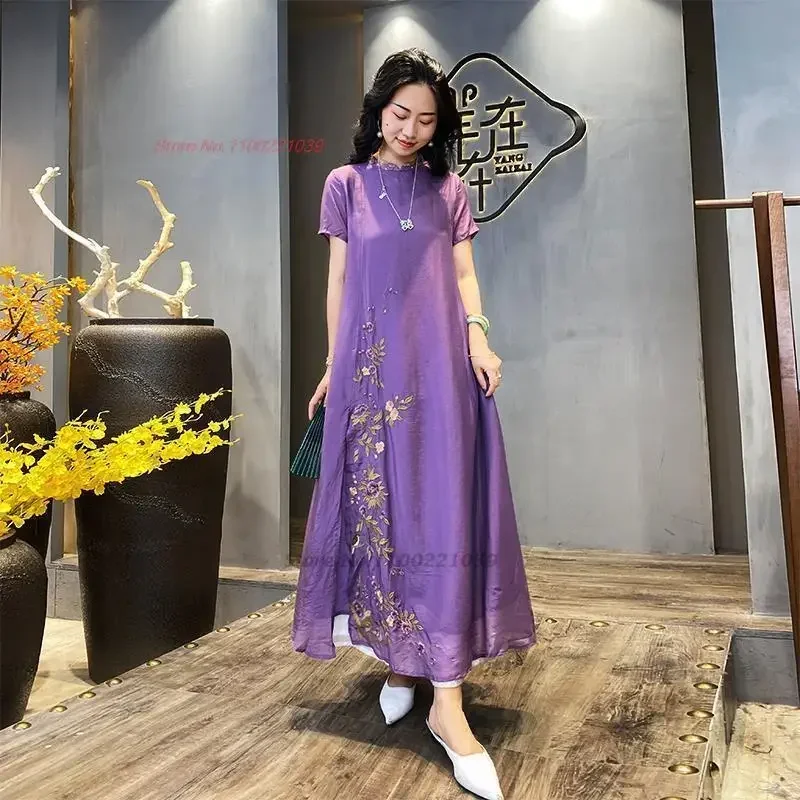

2023 traditional chinese vintage qipao women chinese classic cheongsam dress flower embroidery long dress qipao folk dance dress