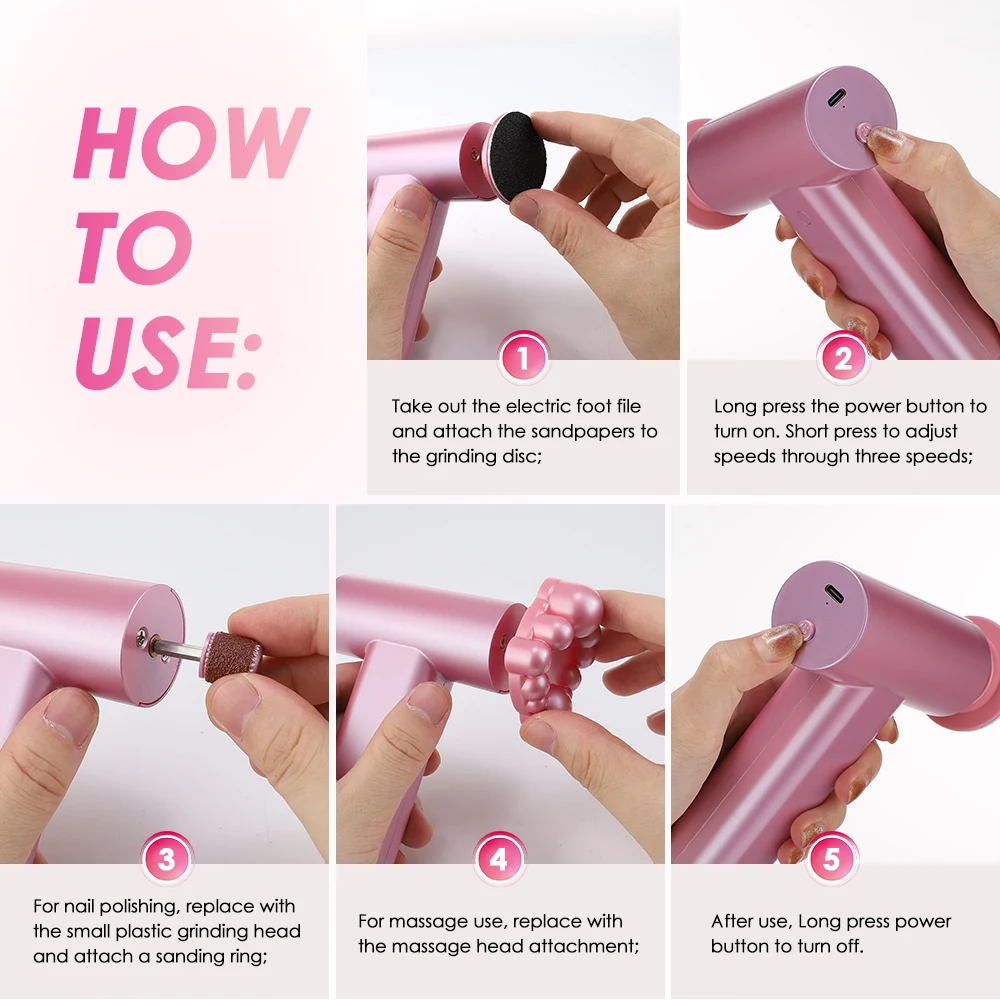 3 in 1 Rechargeable Battery Electric Foot File Professional Cordless Foot Sander Pedicure Tool Electric Foot Grinding Machine