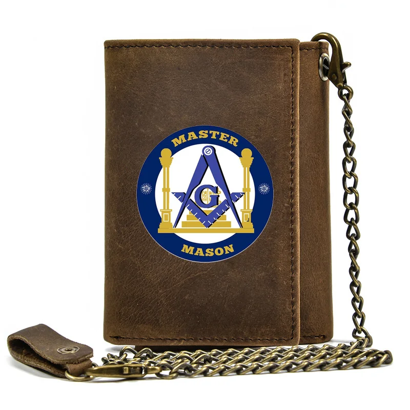 Men Genuine Leather Wallet With Iron Chain Vintage  Master Mason Card Holder Short Purse BT1126