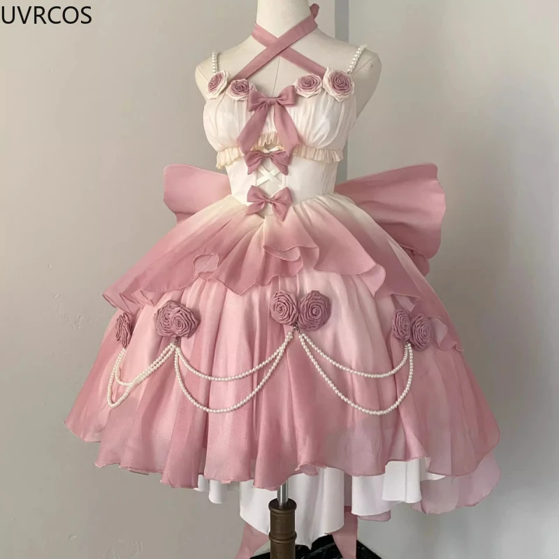 Retro Victorian Lolita Dress Elegant Women Sweet Bow Pearl Chain Ruffles Rose Flower Kawaii Gradient Pink Princess Dress