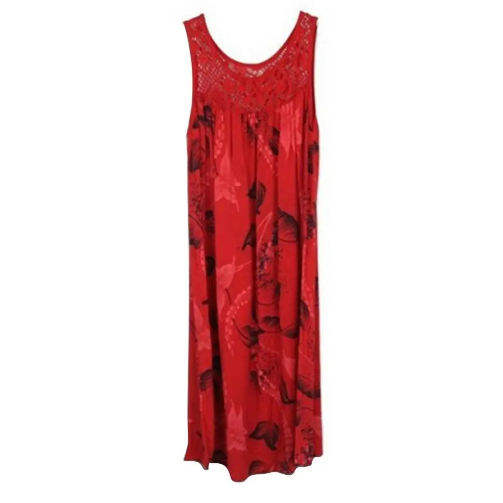 

Elegant Women Dress Floral Printed Lace Stitching O-Neck Sleeveless Women Summer Loose Tank Dress
