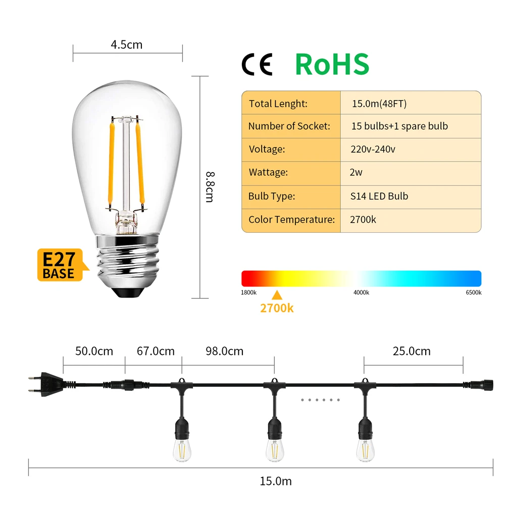 Resistente do Diodo Impermeáveis da Varanda Conduziu a Corda do Pátio Conduziu a Guirlanda do Feriado do Bulbo a Corda Exterior Emissor de Luz de 15m Ilumina Bulbos Luzes - 10m S14 2w 3 Computers & Electronics
