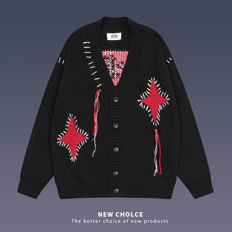 

American High Street Men's Cardigan Cross Letter Embroidered Long Sleeve Sweater Fashion Brand Loose Hip Hop Casual Knit Unisex