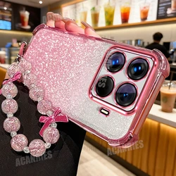 Luxury Star Lanyard Chain Plating Glitter Shockproof Silicone Case - Soft Back Cover - Xiaomi 15T (XXSL Pink)