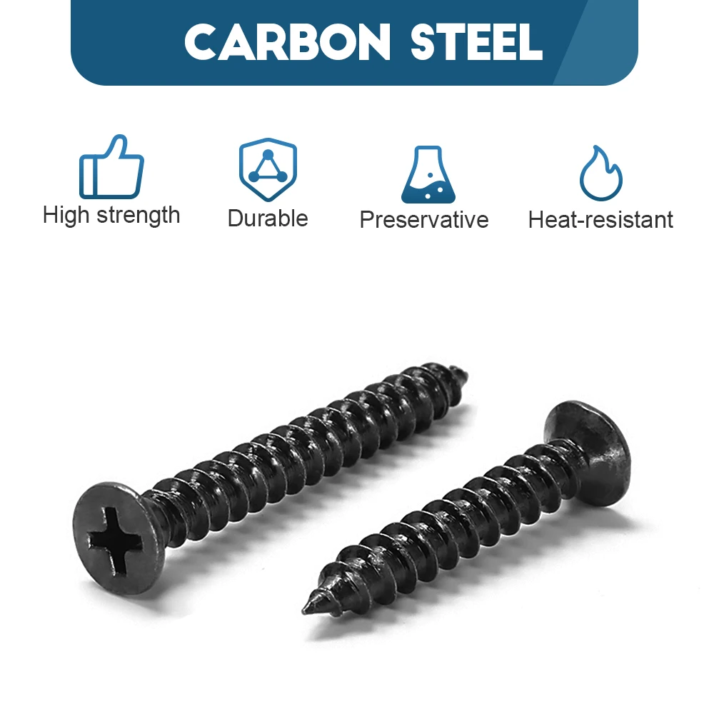 HOWSHENG-Cross Flat Head Auto-Tapping Mini Parafuso, Aço Carbono, Phillips Preto, M1-M2, M2.3, M2.6, M3, M3.5, M4, M5, M6, 20-200Pcs