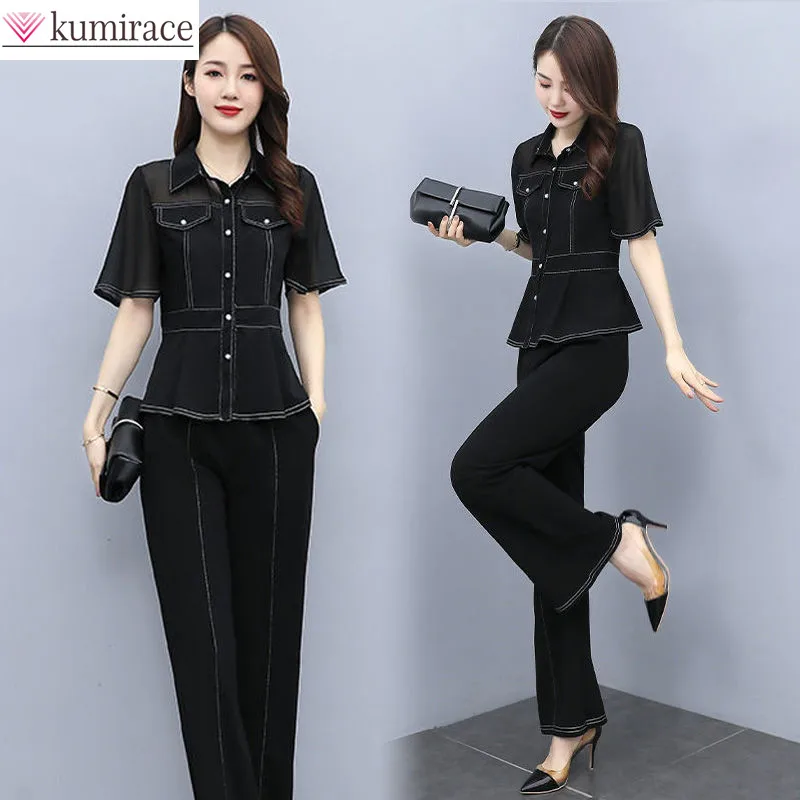 Korean Fashion Hollow Lace Stitching Imitation Denim Short Sleeved Shirt Casual Trousers Two-piece Elegant Women's Pants Set mens jeans fashionable suspenders denim jumpsuits ripped trousers full length overalls casual mameluco hombre trabajo