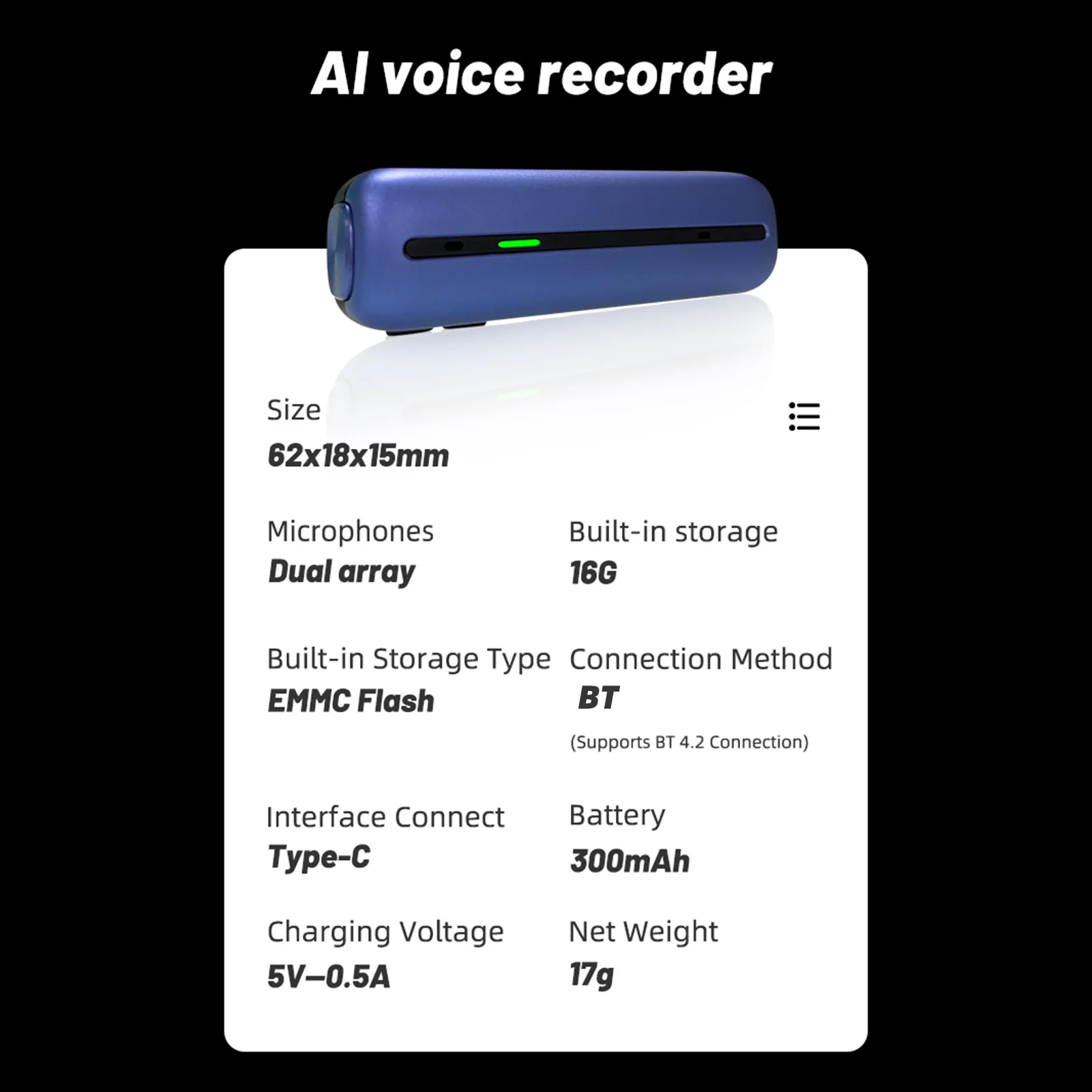 Mini Voice Recorder 16GB Digital Audio Recorder with AI Transcription and Translation on APP in 38 Languages 48 Accents USB BT
