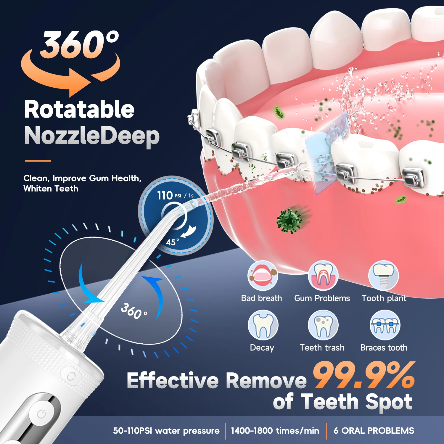 Oral Irrigator Cordless Water Dental Flosser 4 Jet Tips 4 Modes 260ML Portable Rechargeable IPX7 Waterproof For Gums Care