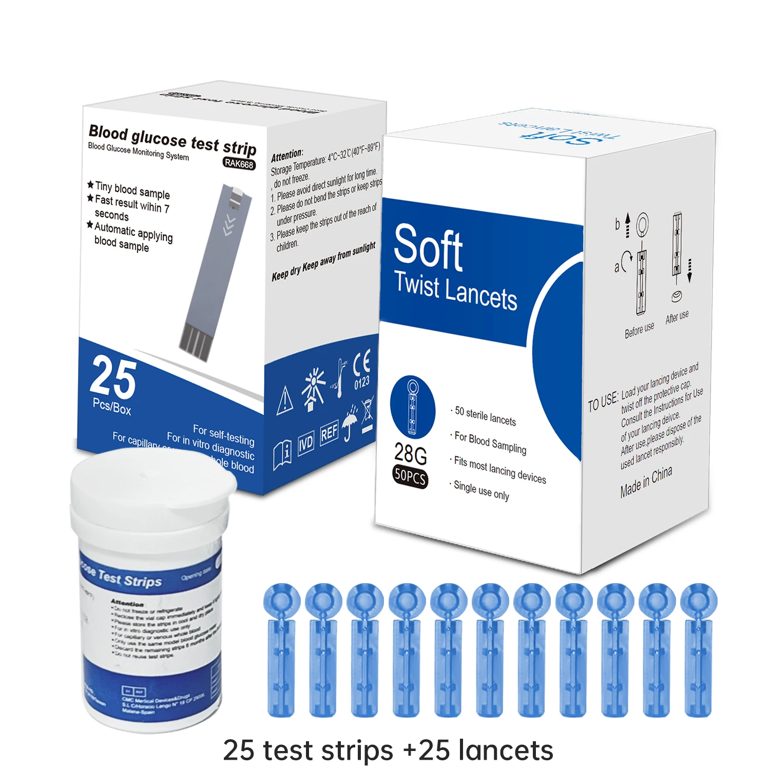 Blood Glucose Strips Blood Glucose Lancets 50/100/200Pcs Test Strip Lancets kit for RAK668 blood glucose meter