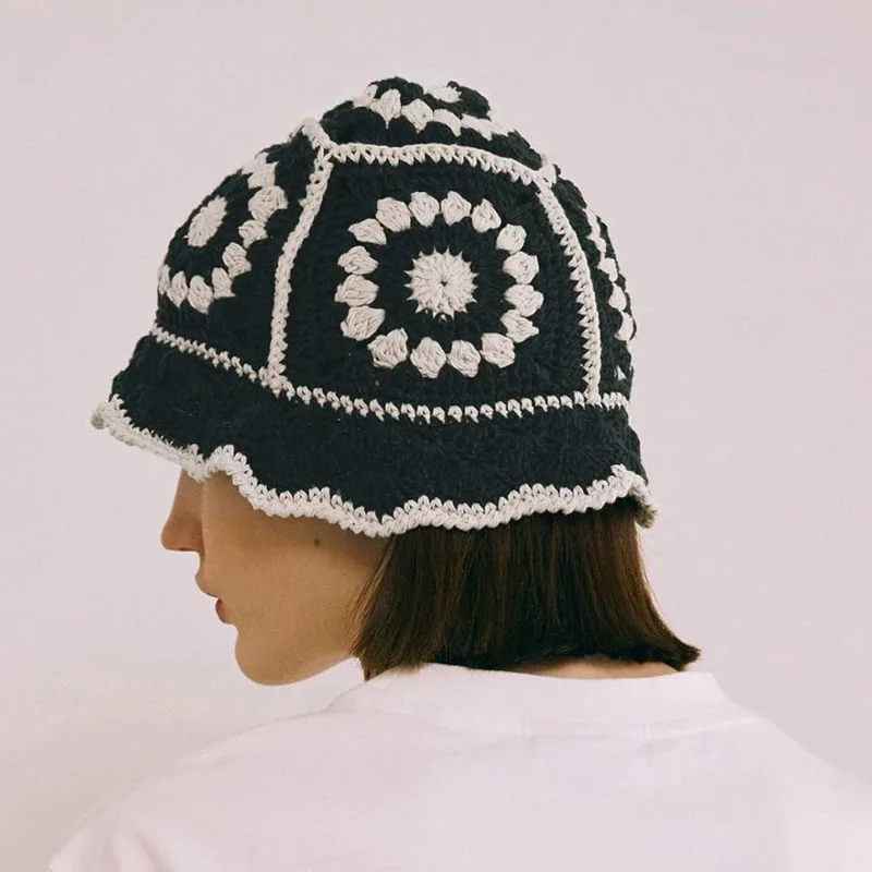 Women Bucket Hat Flower Crochet Bucket Hat Women Summer Handmade Knit Beanies INS y2k Korean Fashion Panama Cap