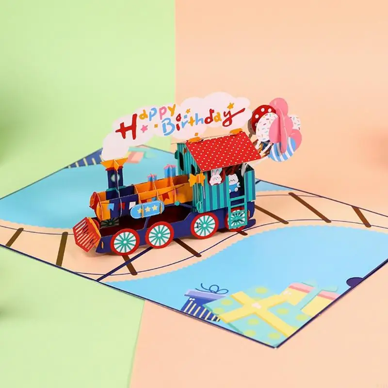 W3JA 3D Train Pop-Up Greeting Cards for Birthday New Year Postcards with Envelope
