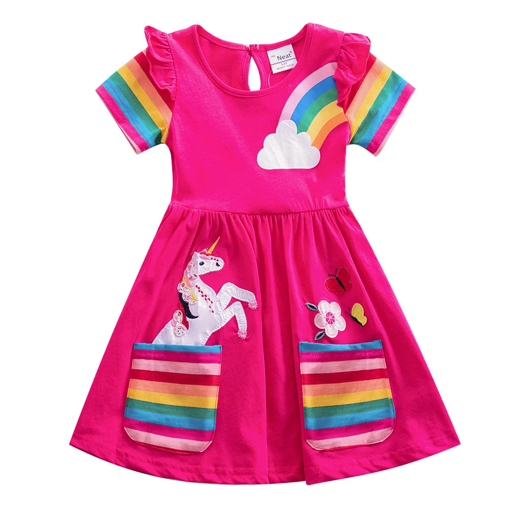Girls' Cotton Unicorn Dress - Short Sleeve, Cartoon Applique, Ages 2-7 Years, Casual Summer Dress - View #7