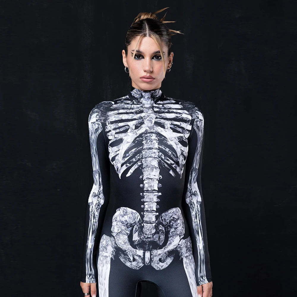Halloween Black Skull Print Bodysuit Funny Character Holiday Party Jumpsuit Carnival Zentai Skinny Leotard Cosplay Costume