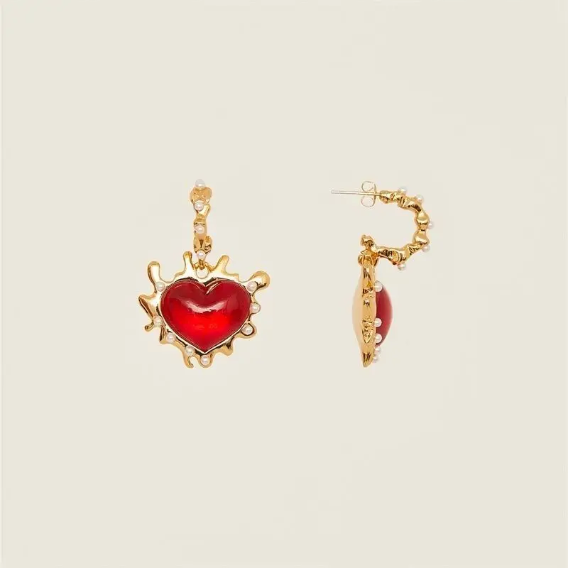 Pearl Earrings Red Flame Love Gold Earrings Female 2022 New Retro Palace Style