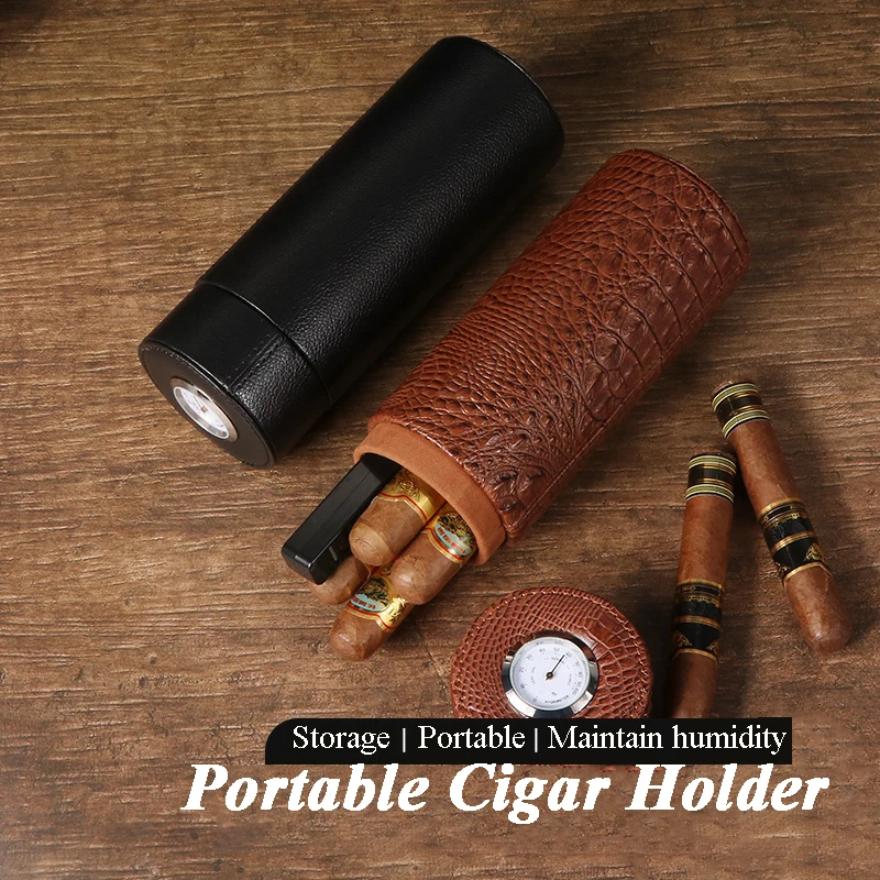 Leather Travel Humidor Cedar Wood Cigar Box Jar W/ Humidifier Hygrometer Humidor Box Fit 5 Cigars Crocodile Texture Leather