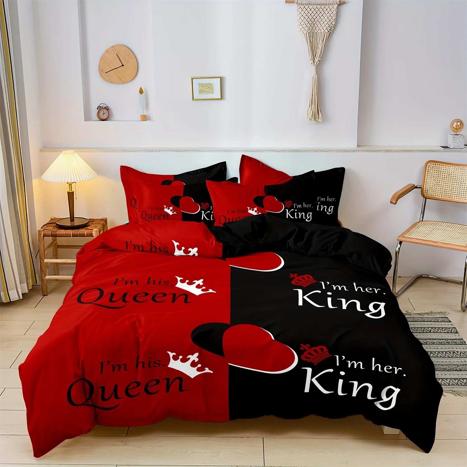 Dark Red And Black Three-Piece Bedding Set with Queen & King Size Featuring Printed English Letters on The Duvet Cover
