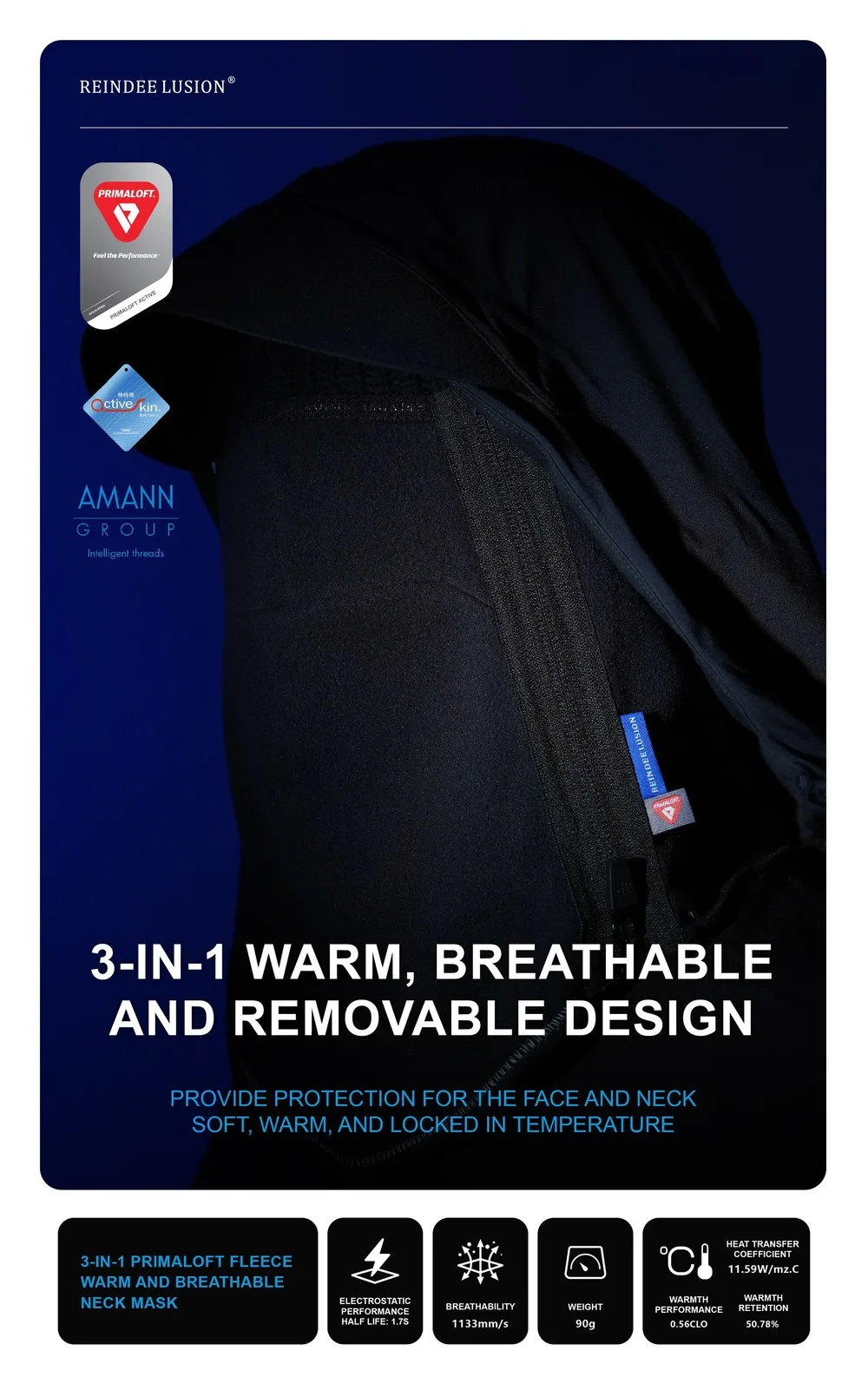 Reindee Lusion 3-in-1 primaloft fleece warm and breathable neck mask snud amann thread techwear gorpcore -