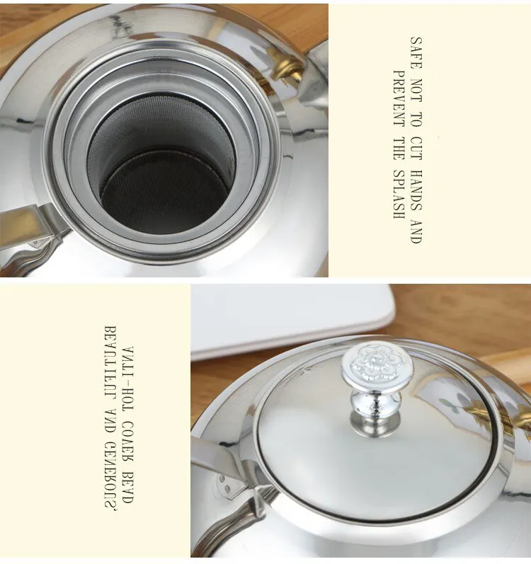 Description Picture 6 of item1.5L Thickened Stainless Stee Teapot With Tea Leaf Filter Infuser Home Hotel Coffee Pot Restaurant Silver Color Kettle Tea Pot