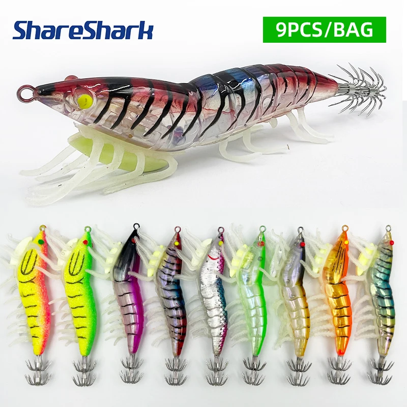 ShareShark 9-teiliges Set 10/12cm Garnelen-Angelköder Leuchtende Tintenfisch-Jigs Oktopus-Angelzubehör