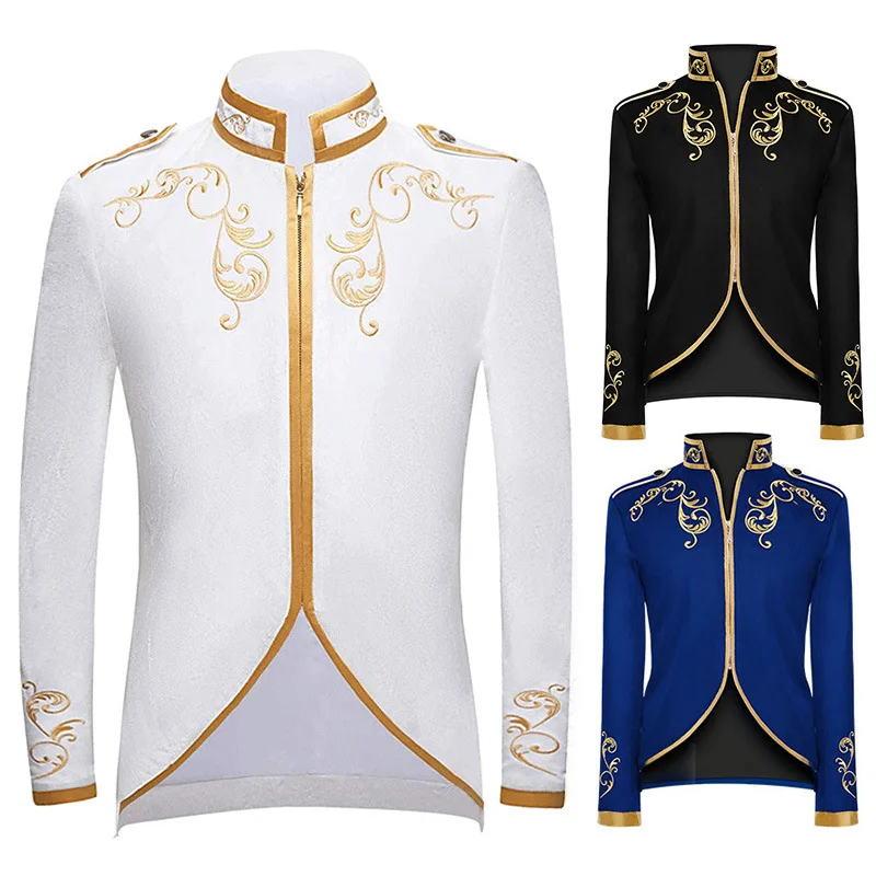 

Court Prince Embroidered Long Sleeve Coat Suit Men Medieval Vintage Stand Collar Jacket Costume Halloween Stage Show Clothes