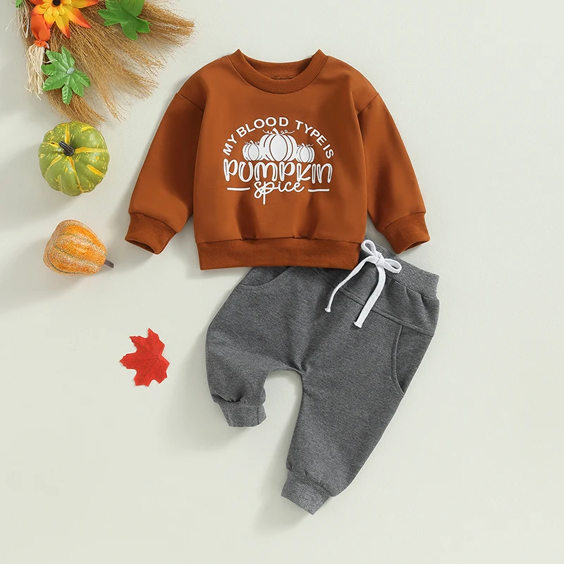 

0-3Years Baby Boys Clothes Halloween Fall Winter Set Long Sleeve Crew Neck Letter Pumpkin Print Sweatshirt with Sweatpants 2pcs