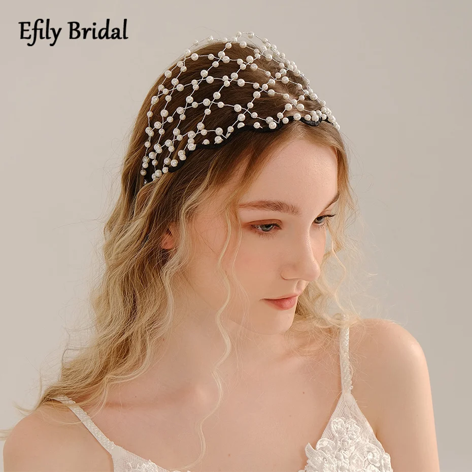 Efily Baroque White Pearl Wedding Headband for Bride Headdress Handmade