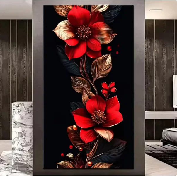 5D DIY Diamant Kunst Malerei Schwarz Gold Rote Blumen Kreuzstich Kits Vollquadrat Strass Mosaik Stickerei Home Dekoration – Detail 2