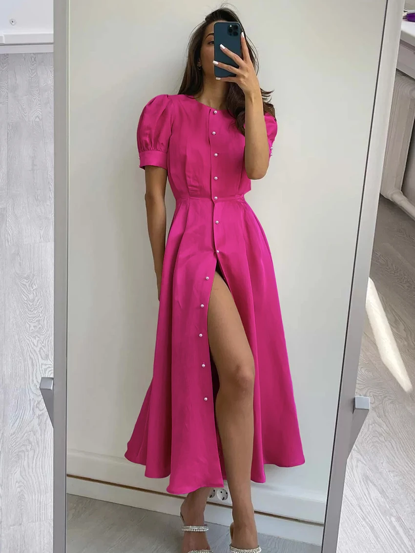 2023 Rose Red Robe Office Summer O-Neck Lantern Sleeve Pearls Button Midi Dress Elegant Party A-Line Fit Flare Dress Women Chic