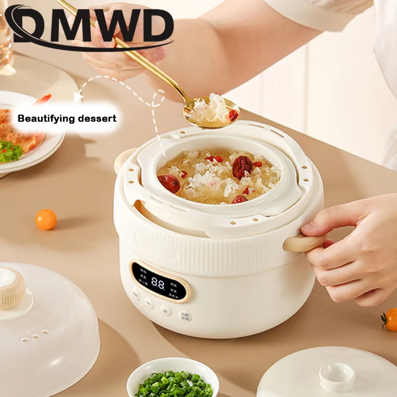 DMWD 1L Electric Slow Cooker Warer Stew Baby Porridge Ceramic Cooking Pot Soup BirdsNest Food Eggs Steamer Breakfast Machine