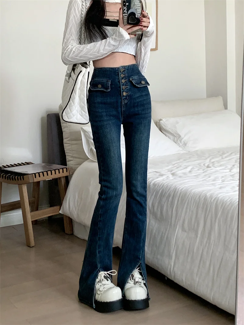 

Women Spring Single-Breasted Skinny Jeans High Waist Split Flare Pants Fashion Vintage Jean Pant Denim Trousers Female 1062