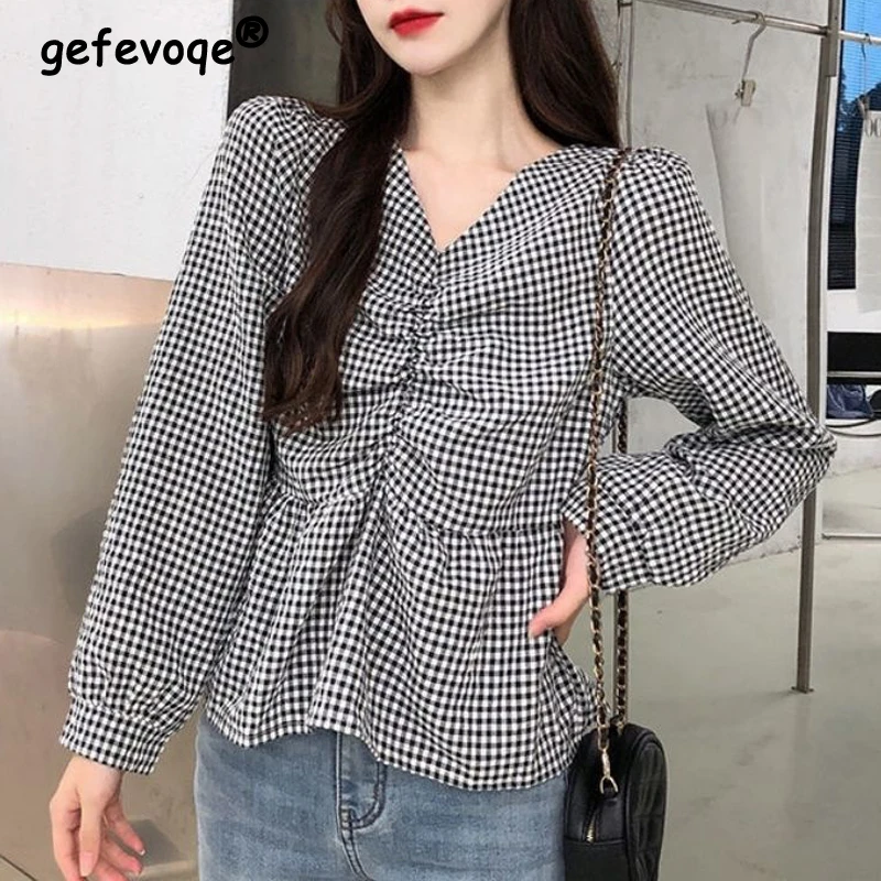 Women Trendy Ruched Plaid Print Chic Sweet Kawaii Blouse Casual V Neck Long Sleeve Shirt Loose Cotton Linen Tops Blusas De Mujer