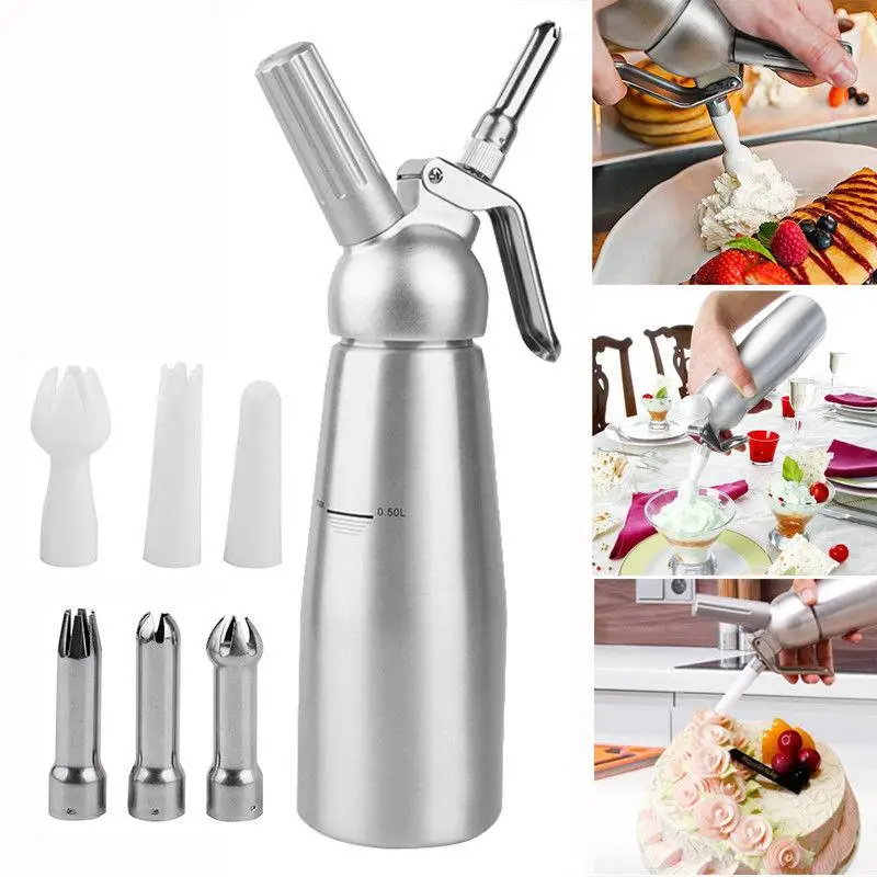 500/1000ml Pure Aluminum Cream Gun Chantilly Siphon Whipped Cream Dispenser Foaming Gun Kitchen Accessories Tools +Nozzle