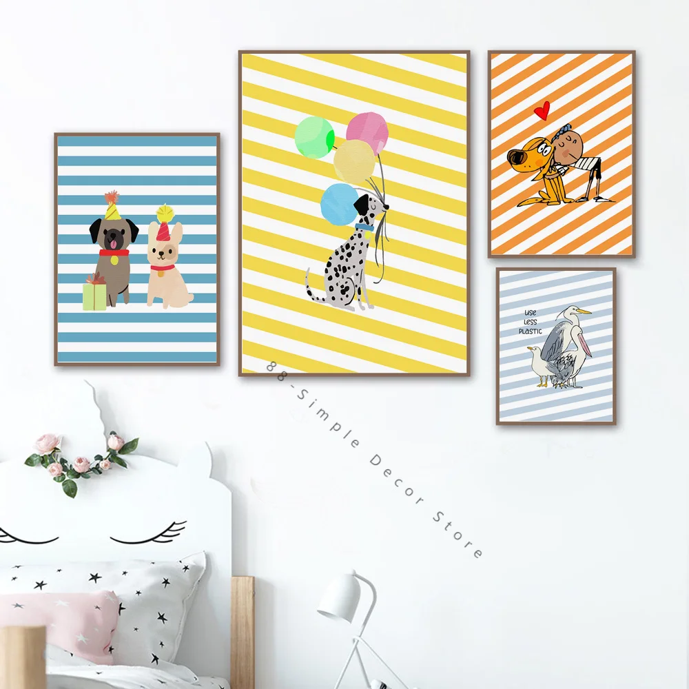 

Cartoon Canvas Printing Dog Boy Balloon Seagulls Nordic Posters Prints Wall Art Nursery Wall Pictures Kids Room Home Decor